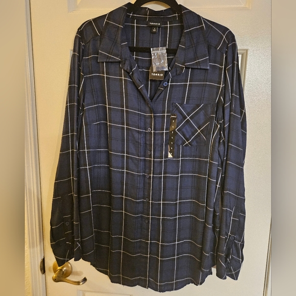 Torrid Navy Plaid Button Down Shirt - Picture 2 of 2